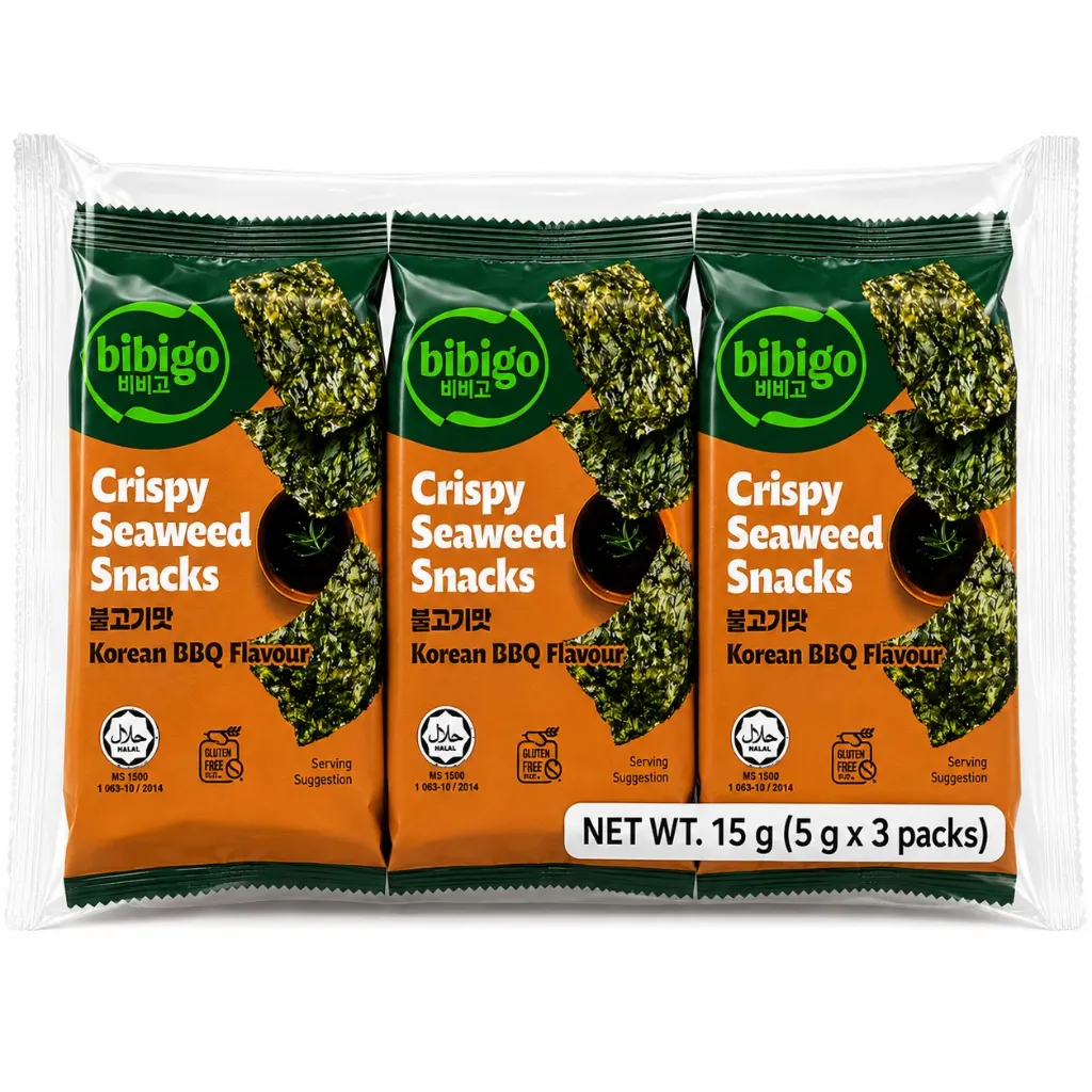 [807176706428] BIBIGO Crispy Seaweed Snacks Korean BBQ Flavour (3P) 15g