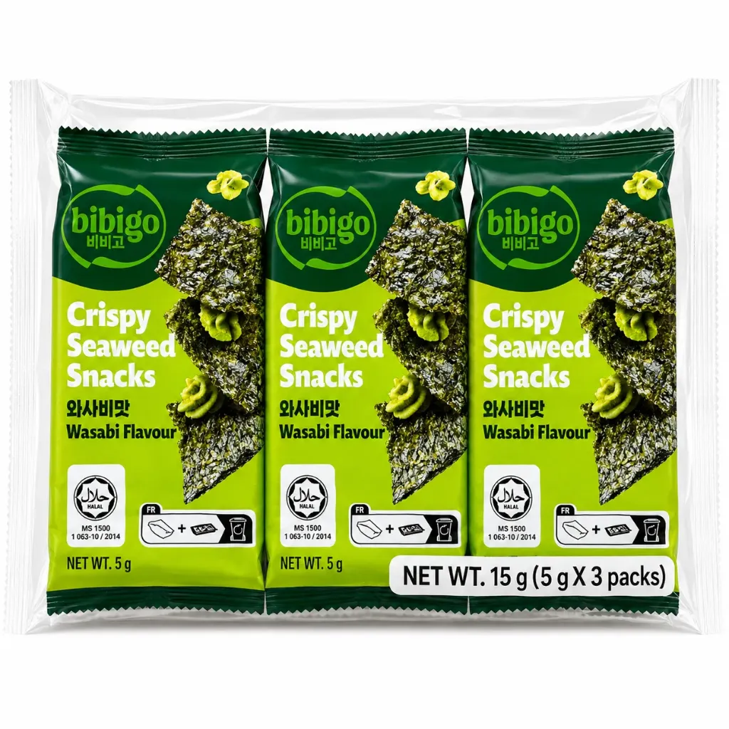 [807176706404] BIBIGO Crispy Seaweed Snacks Wasabi Flavour (3P) 15g